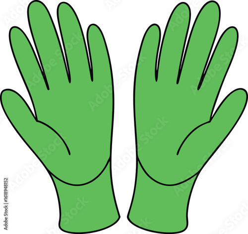 A pair of fresh green latex gloves snapped open on a white background
