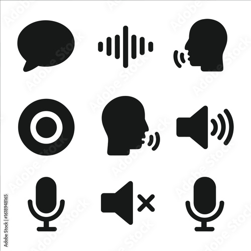 Voice Assistant Icons. Solid, filled icons set of virtual assistant voice features: speech bubble, sound wave,