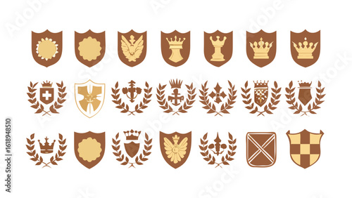 Laurel wreath , shield , wing , ribbon , and banners vector set . Laurel wreath s, shield s, wing s, ribbon s illustration for awards , heraldry , logos , badges , and branding designs