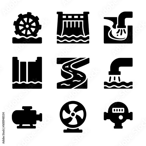 Water Transport Icons Grid. Solid, filled icons set of water transport and movement tools: waterwheel, dam