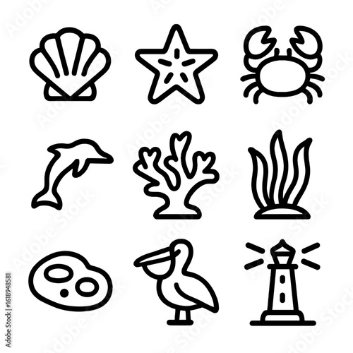 Waterfront Nature Icons. Solid, filled icon set of waterfront nature: seashell, starfish, crab, dolphin, coral reef, seaweed, tide