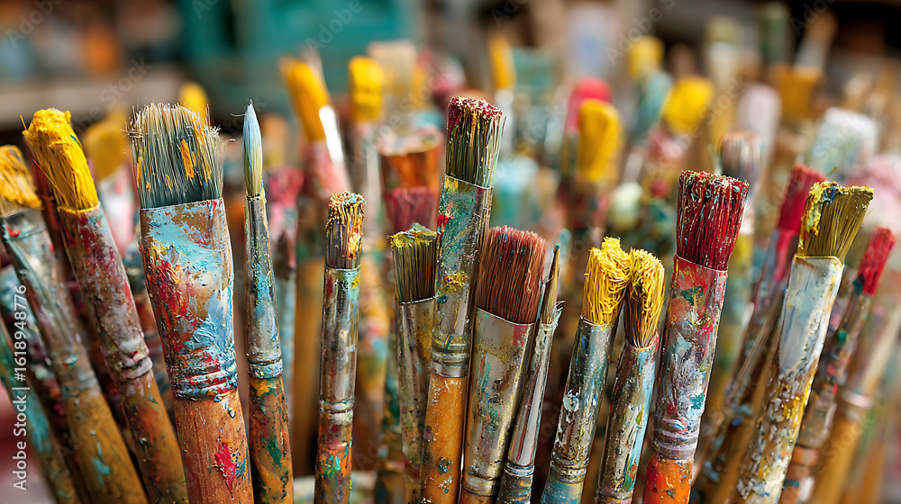 Fototapeta premium Assorted paintbrushes with colorful bristles and stained wooden handles art supplies artistic