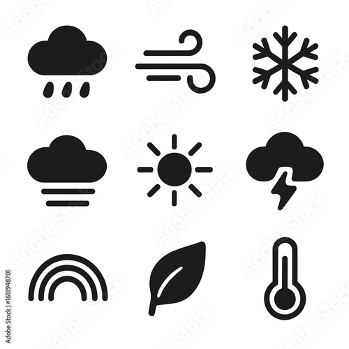 Weather Icon Grid. Solid, filled icon set of weather and environmental factors: rain, wind, snowflake, fog, sun, thundercloud,