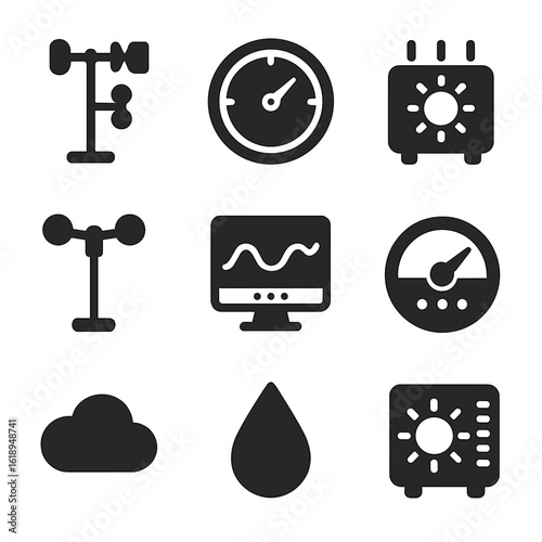 Weather Icons Grid. Solid, filled icons set of weather and air tracking: weather station, air pressure gauge,