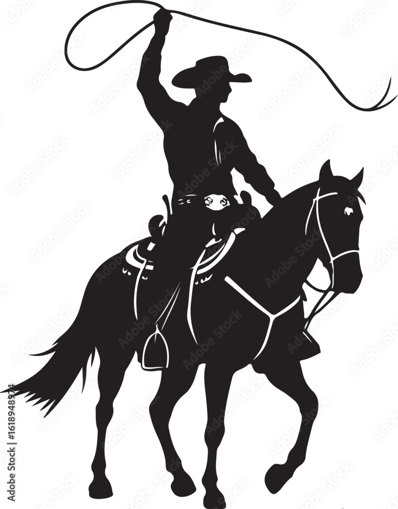 Naklejka premium Cowboy on horse with lasso above head silhouette