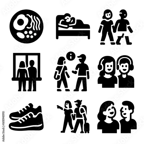 Weekend Couple Icons. Solid, filled icons set of weekend couple activities: brunch plate, lazy morning, local