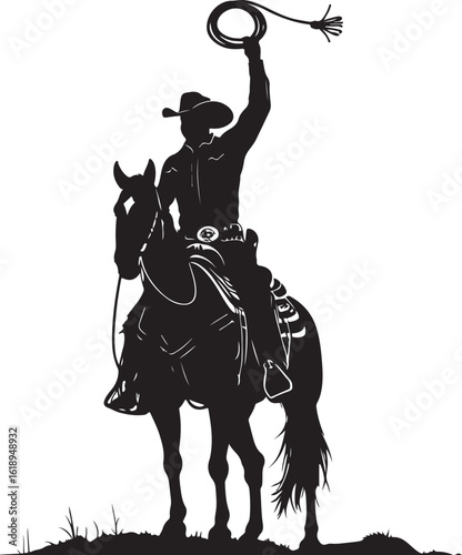 Cowboy on horse with lasso above head silhouette