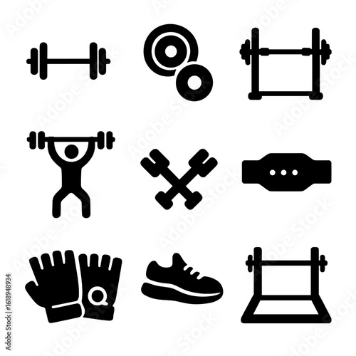 Weightlifting Icon Set. Solid, filled icon set of weightlifting: barbell, weight plates, person lifting, squat rack, dumbbells,