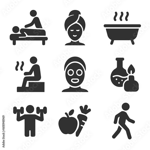 Wellness Activity Icons. Solid, filled icon set of wellness activities: massage therapy, spa treatment, warm bath, sauna, facial,