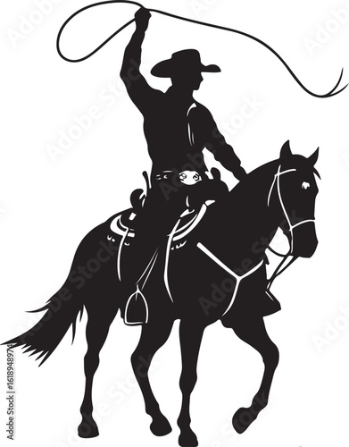 Cowboy on horse with lasso above head silhouette