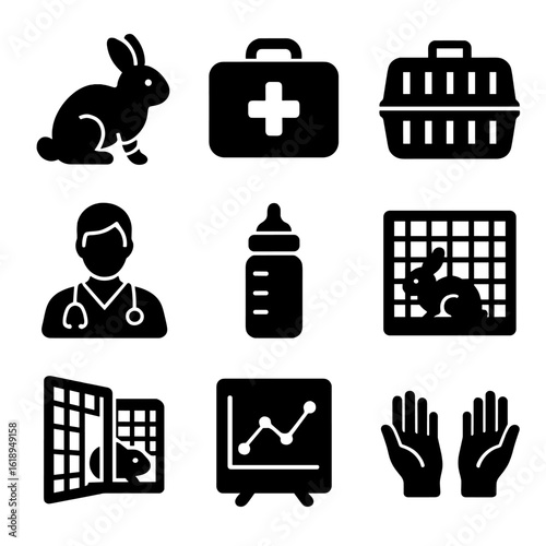 Wildlife Rescue Icons. Solid, filled icons set of wildlife rehabilitation and rescue: injured animal, medical