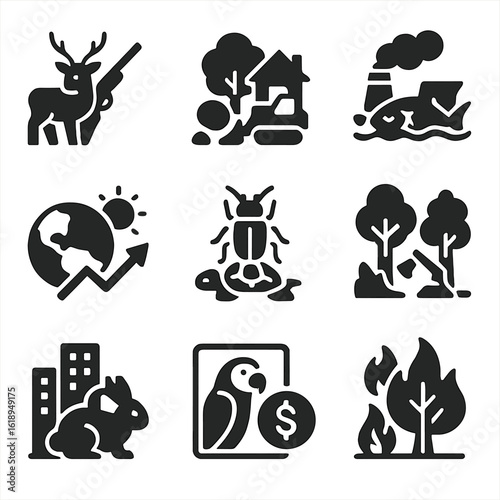 Wildlife Threat Icons. Solid, filled icons set of threats to wildlife: poaching, habitat loss, pollution,