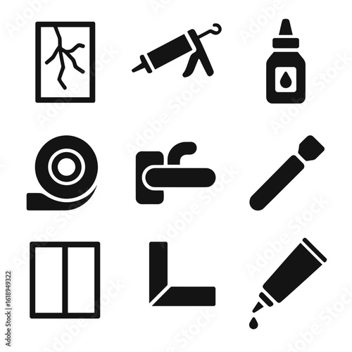 Window Repair Icons. Solid, filled icon set of window repair: cracked glass, caulk gun, adhesive, tape, window lock, glass cutter,