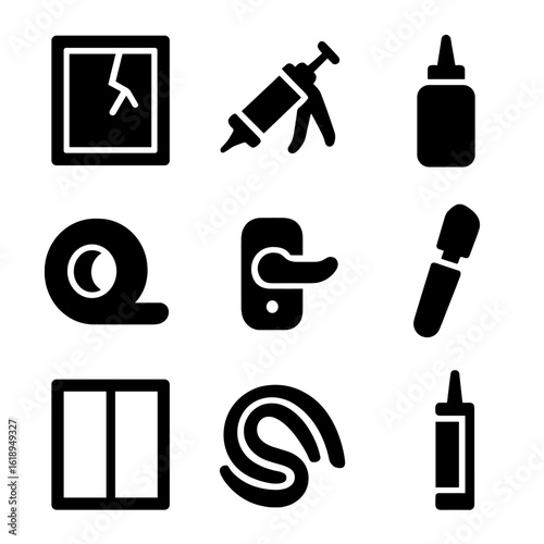 Window Repair Icons. Solid, filled icon set of window repair: cracked glass, caulk gun, adhesive, tape, window lock, glass cutter,