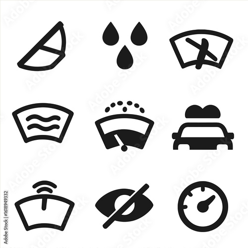 Windshield Wiper Icons. Solid, filled icons set of windshield wipers in rain: windshield blade, raindrops,