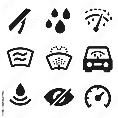 Windshield Wiper Icons. Solid, filled icons set of windshield wipers in rain: windshield blade, raindrops,