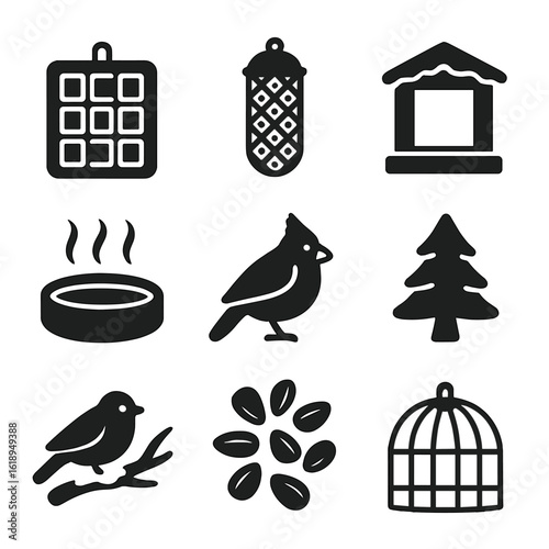 Winter Bird Care Icons. Solid, filled icons set of winter bird care: suet block, peanut mesh, insulated feeder