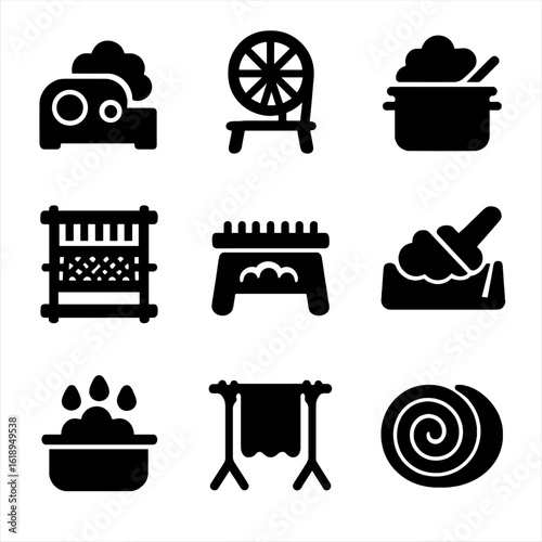 Wool Textile Icon Set. Solid, filled icon set of wool textile processes: carding machine, spinning wheel, dyeing vat, weaving loom