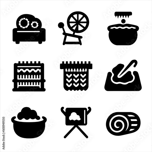 Wool Textile Icon Set. Solid, filled icon set of wool textile processes: carding machine, spinning wheel, dyeing vat, weaving loom