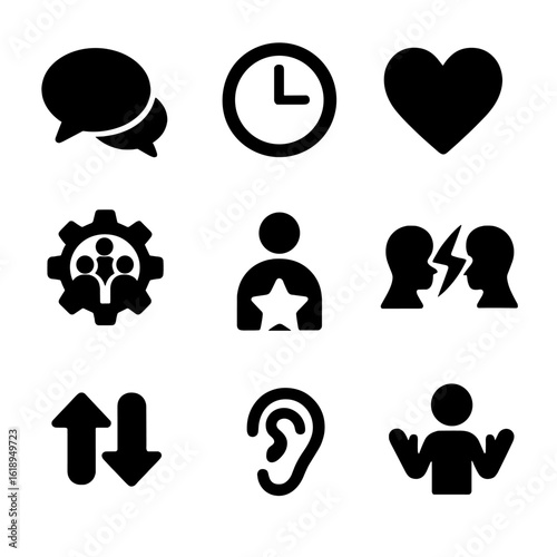Workplace Skills Icons. Solid, filled icons set of workplace soft skills training: communication bubble, time