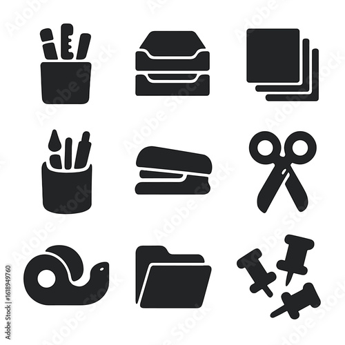 Workspace Icons Grid. Solid, filled icons set of arranging a workspace with office supplies: desk organizer,