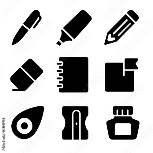 Writing Tools Icons. Solid, filled icons set of writing and note-taking tools: ballpoint pen, highlighter,