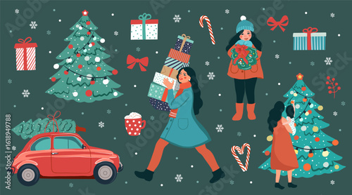 Merry Christmas and Happy New Year cozy winter set.