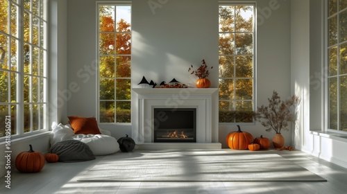 Cozy Autumn Living Room With Pumpkins and Natural Light From Large Windows