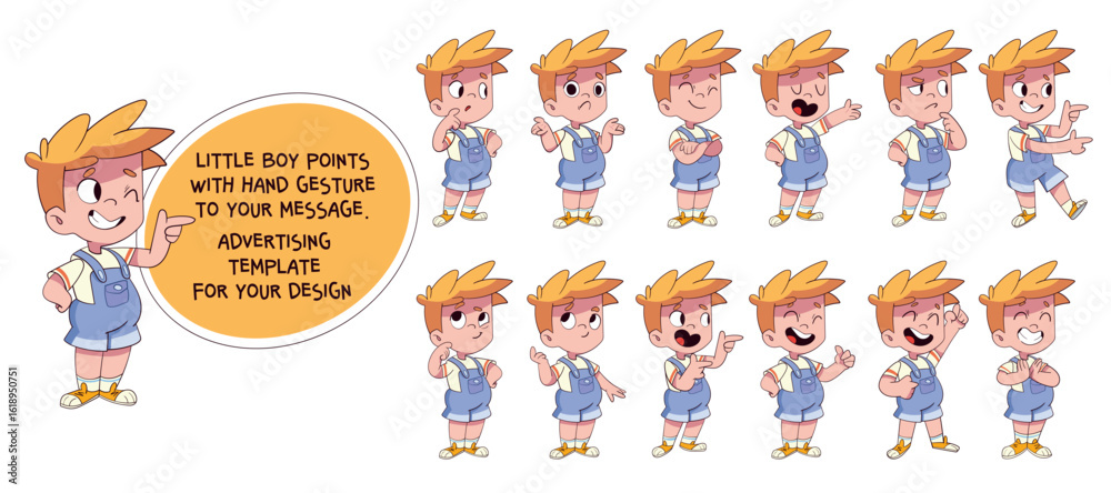 Fototapeta premium A little boy points with a hand gesture to your message. Advertising template for your design. Several options for animating the boy's facial expressions and gestures. Speech bubble dialog box
