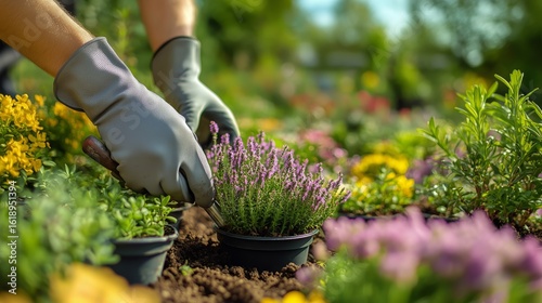 Gardener Tending to Lavender Plants in a Vibrant Summer Garden in the Early M...