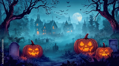 Spooky Halloween Night With Glowing Pumpkins and Eerie Moonlight Over Ghostly...