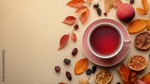 Warm Cup of Tea Surrounded by Autumn Leaves and Dried Fruits on a Soft Backgr...