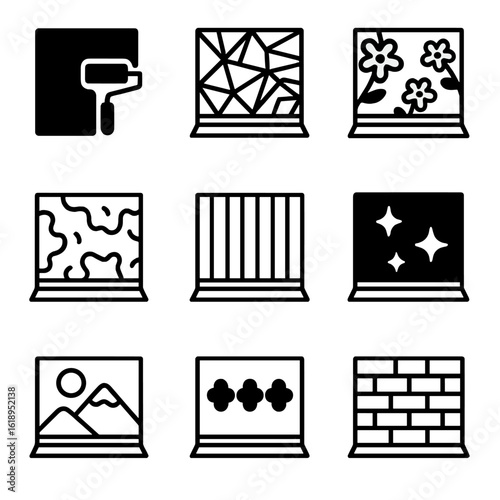 Accent Wall Icons. Solid, filled icon set of accent wall styles: bold paint, geometric wallpaper, floral wallpaper, textured paint