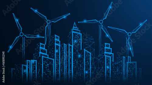 The digital eco-city of the future. Wind turbines tower over the city and high-rise buildings symbolize the technological development and digitalization of urban infrastructure. Polygonal design.