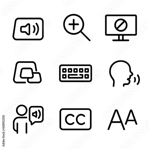 Accessibility Icon Set. Outline icon set of accessibility hotkeys: screen reader toggle, magnifier on, high contrast mode, sticky