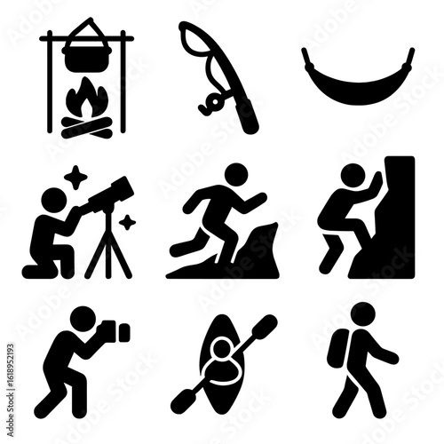 Adventure Icon Grid. Solid, filled icon set of adventurous lifestyle activities: campfire cooking, fishing rod, hammock,