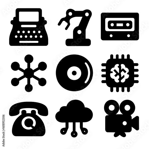 Analog AI Icons. Solid, filled icon set of Analog meets AI: typewriter, robot arm, cassette tape, neural network, vinyl record, AI