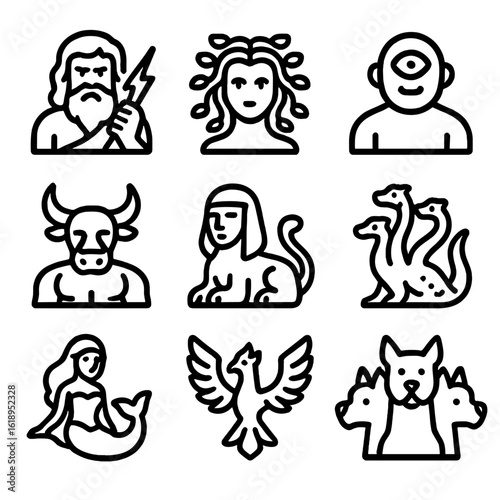 Ancient Myth Icons. Solid, filled icon set of ancient myths: Zeus, Medusa, cyclops, Minotaur, sphinx, hydra, siren, phoenix,