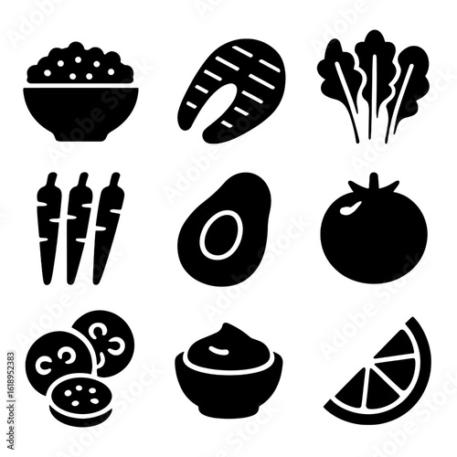 Anti-Inflammatory Meal Icons. Solid, filled icon set of anti-inflammatory meal components: quinoa bowl, grilled salmon, mixed