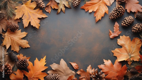 Autumn Leaves and Pine Cones Arranged on a Rustic Surface for Seasonal Decora...