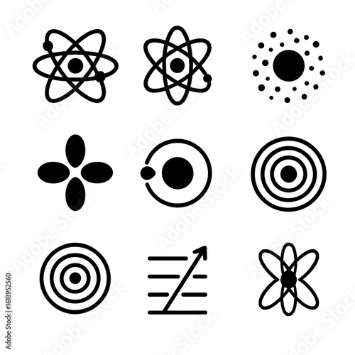 Atomic Model Icons. Solid, filled icon set of atomic models: Bohr model, Rutherford model, quantum model, electron cloud, orbitals
