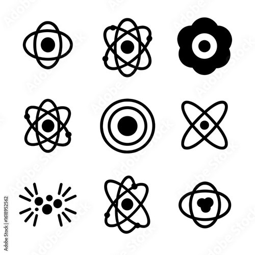Atomic Models Icons. Solid, filled icon set of atomic models: Bohr model, Rutherford model, quantum model, electron cloud,