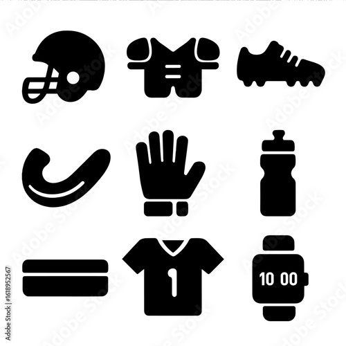 Athletic Gear Icons. Solid, filled icon set of Athletic gear and accessories: helmet, shoulder pads, cleats, mouthguard, gloves,