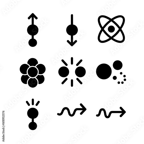 Atomic Particle Icons. Solid, filled icon set of atomic particles behavior: spin up, spin down, orbital path, electron cloud,