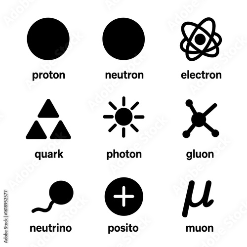 Atomic Particle Icons. Solid, filled icon set of atomic particles: proton, neutron, electron, quark, photon, gluon, neutrino,