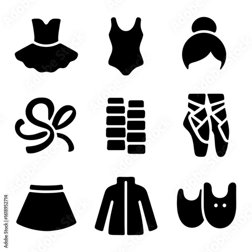 Ballet Icon Set. Solid, filled icon set of ballet accessories: tutu, leotard, hair bun, ribbon, leg warmers, pointe shoes,