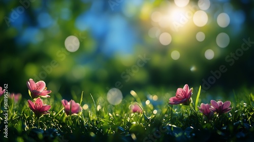 Vibrant Pink Flowers Bloom in a Sunlit Green Meadow During the Early Morning