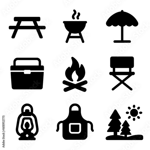 Barbecue Icon Set. Solid, filled icon set of outdoor barbecue setting: picnic table, grill stand, sun umbrella, cooler box,