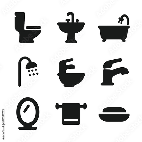Bathroom Fixture Icons. Solid, filled icon set of bathroom fixture diagram: toilet, sink, bathtub, showerhead, bidet, faucet,