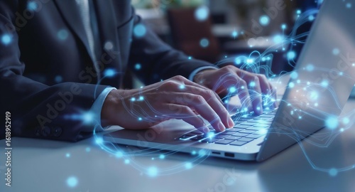 Business Professional Typing on Laptop with Digital Effects